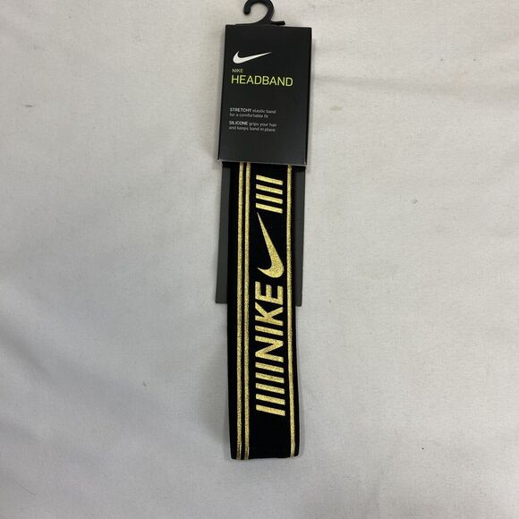 Nike Fitness Headband Black Gold Metallic Stretchy Elastic Silicone Grip Workout - Picture 1 of 5